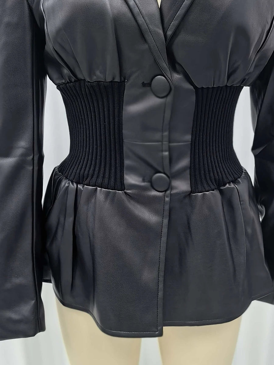Black leather jacket with pleated design on a mannequin against a white background