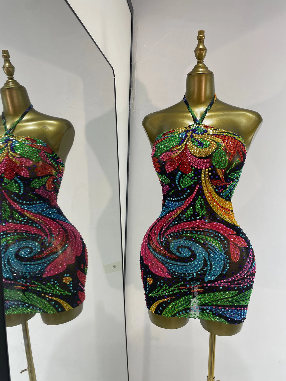 Floral halter mini dress with sequins