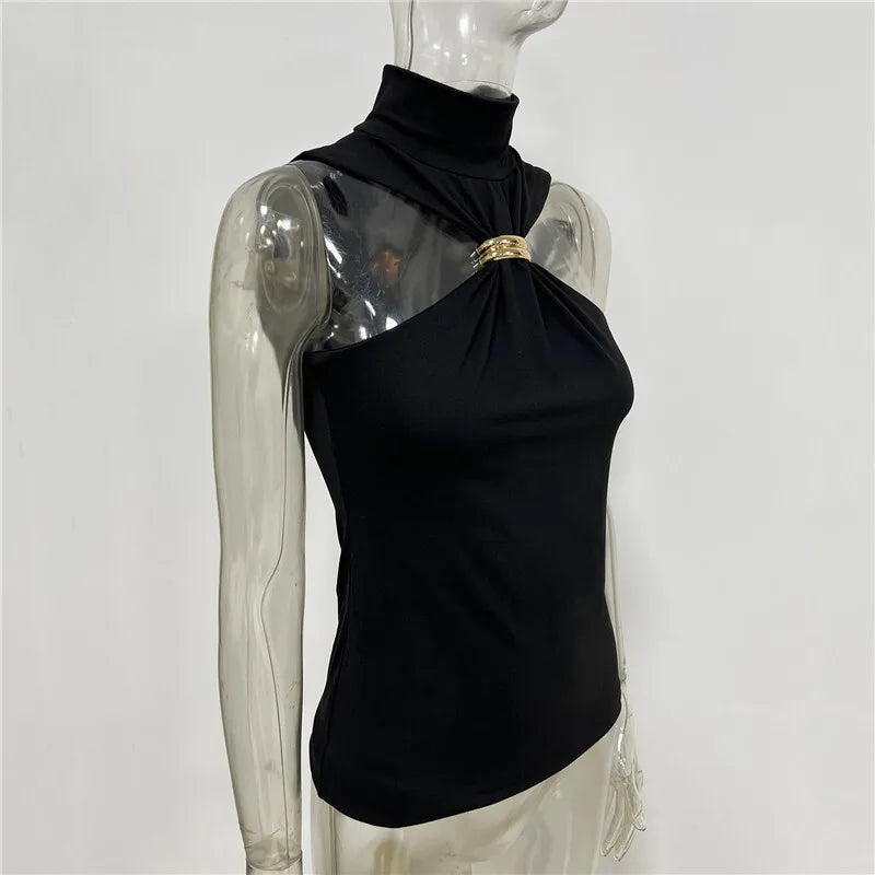 Black sleeveless top on a mannequin against a white background