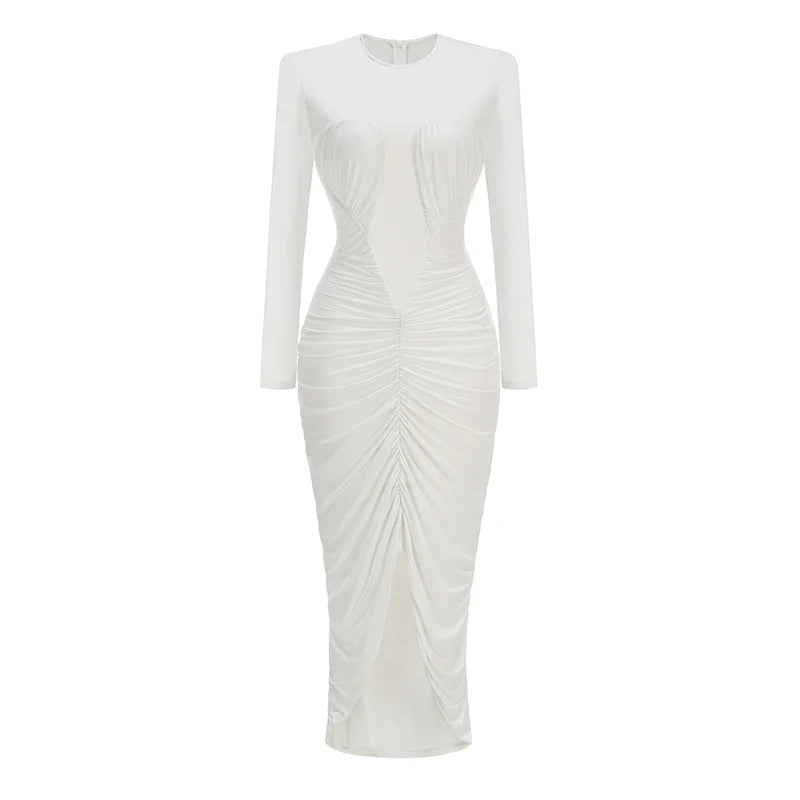 Long sleeve ruched split hem dress front studio view