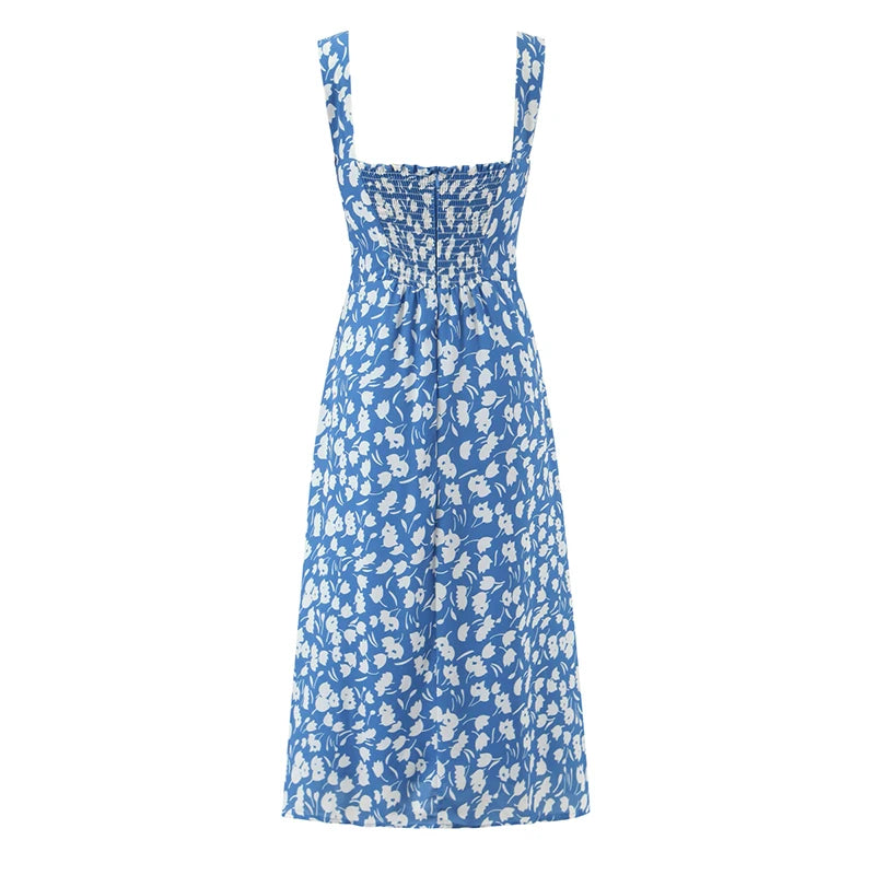 Back view of a blue floral midi dress with smocked back