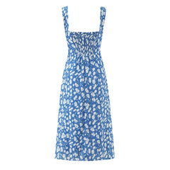Back view of a blue floral midi dress with smocked back