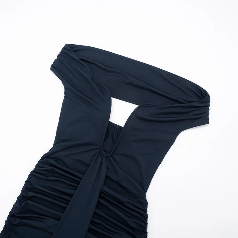 Navy blue one-shoulder swimsuit on a white background