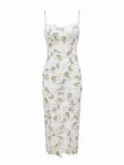 White Floral Appliqu�� V-Neck Midi Dress