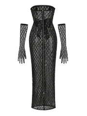 Strapless Sequin Mesh Long Dress With Gloves