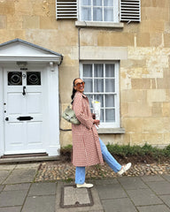 Red Gingham Lapel Long Trench Coat
