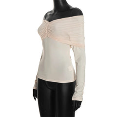 Off Shoulder Pleated Mesh Top