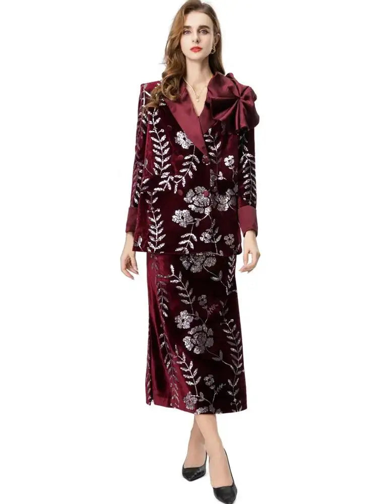 Burgundy sequined floral blazer and split skirt suit
