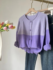 Two-Tone Knit Cardigan | Junior Purple Gray Korean Style