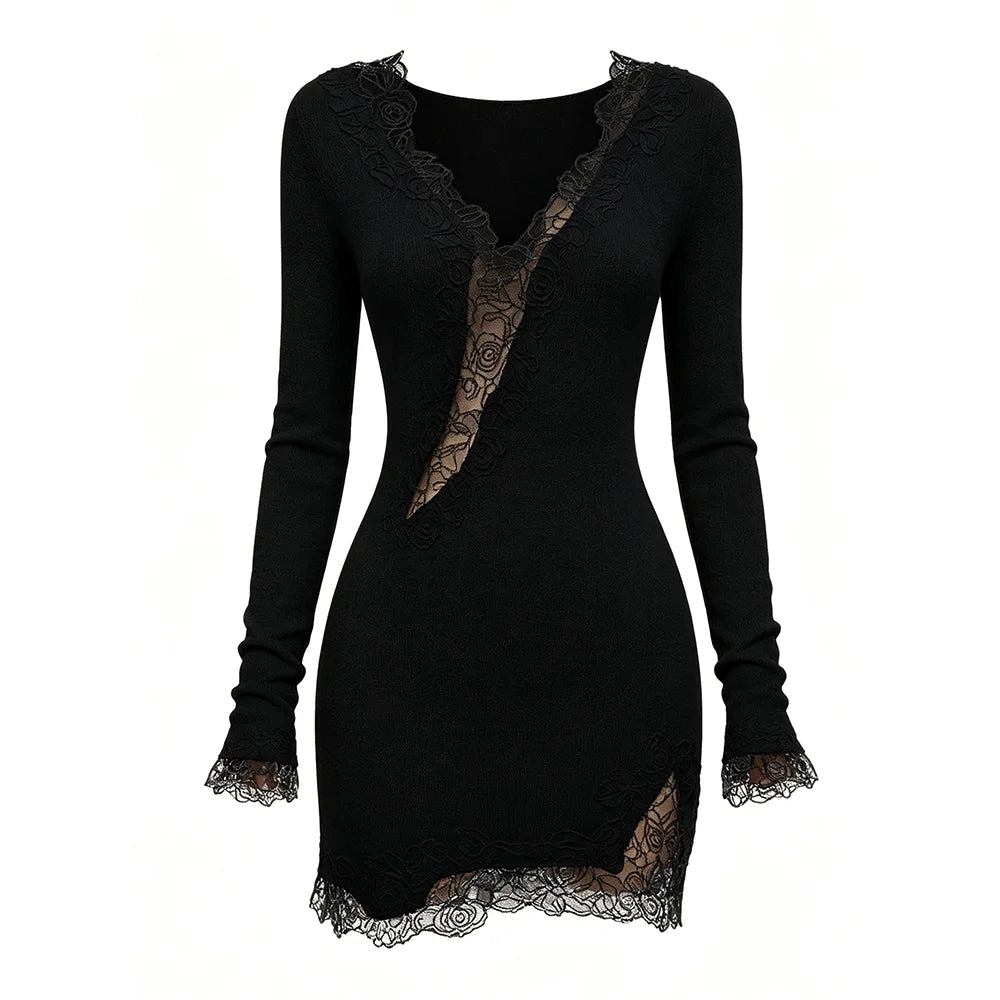 Black lace V-neck long sleeve mini dress on a white background