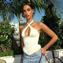 Model wearing halter neck cutout corset top