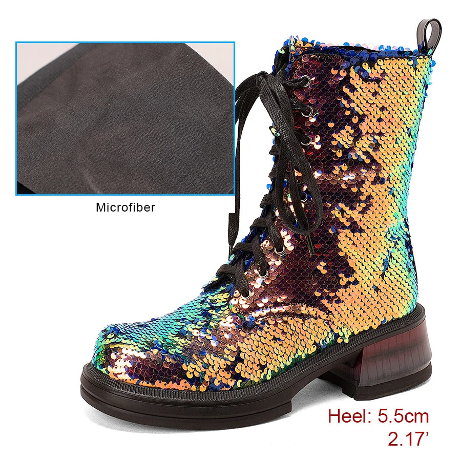 Multicolored sequin boot with close-up of microfiber lining on a white background