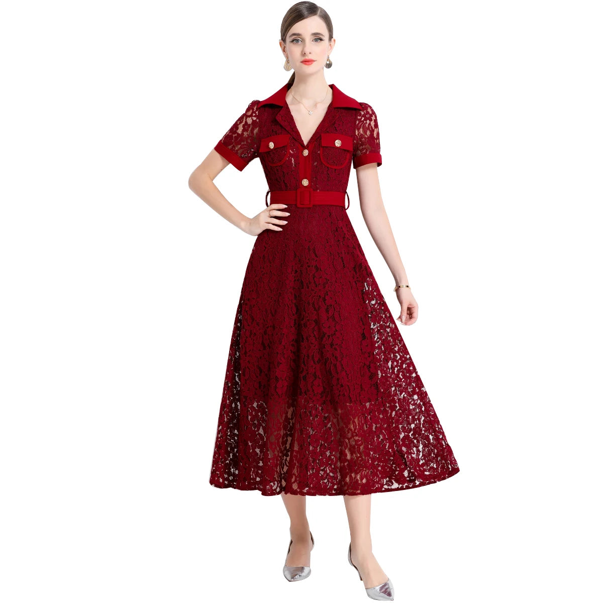 Red lace dress worn by a model on a white background