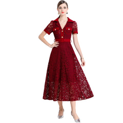 Red lace dress worn by a model on a white background