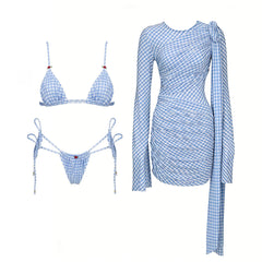 Gingham print bikini set with triangle top and tie-string bottoms