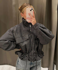 Plaid drawstring waist cropped jacket