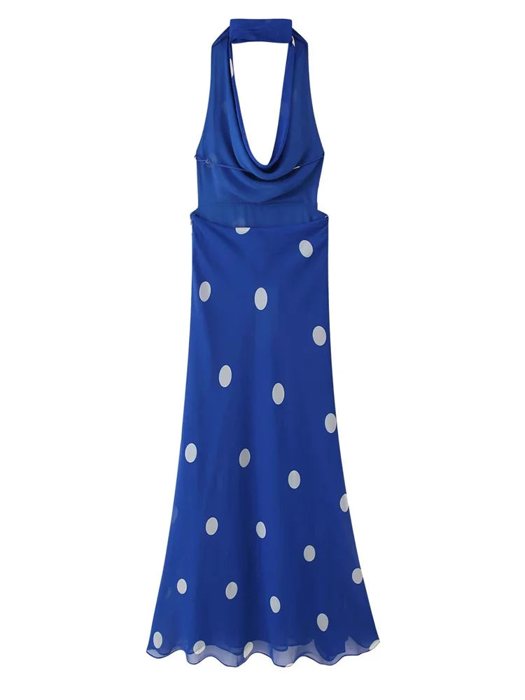 Blue dress with white polka dots on a white background