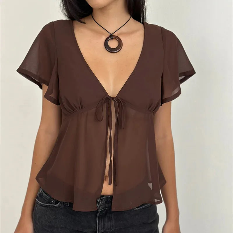 Sheer mesh tie front short sleeve top