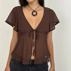 Sheer mesh tie front short sleeve top