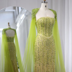 Beaded Mermaid Lime Green Evening Dress with Cape Sleeves