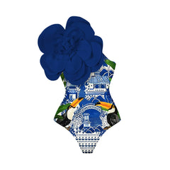 One-Shoulder Swimsuit with Oversized Flower Detail and Matching Printed Sarong Set