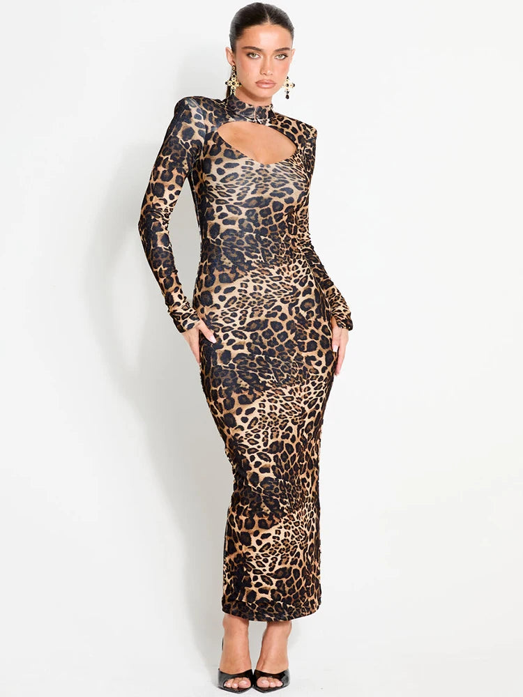 Leopard print high neck maxi dress with cutout
