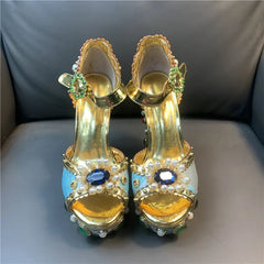 Gold Rhinestone Peep Toe Heels | Platform Leather Sandals for Women