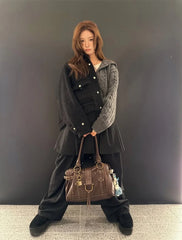 Structured Rivet Lock Shoulder Bag