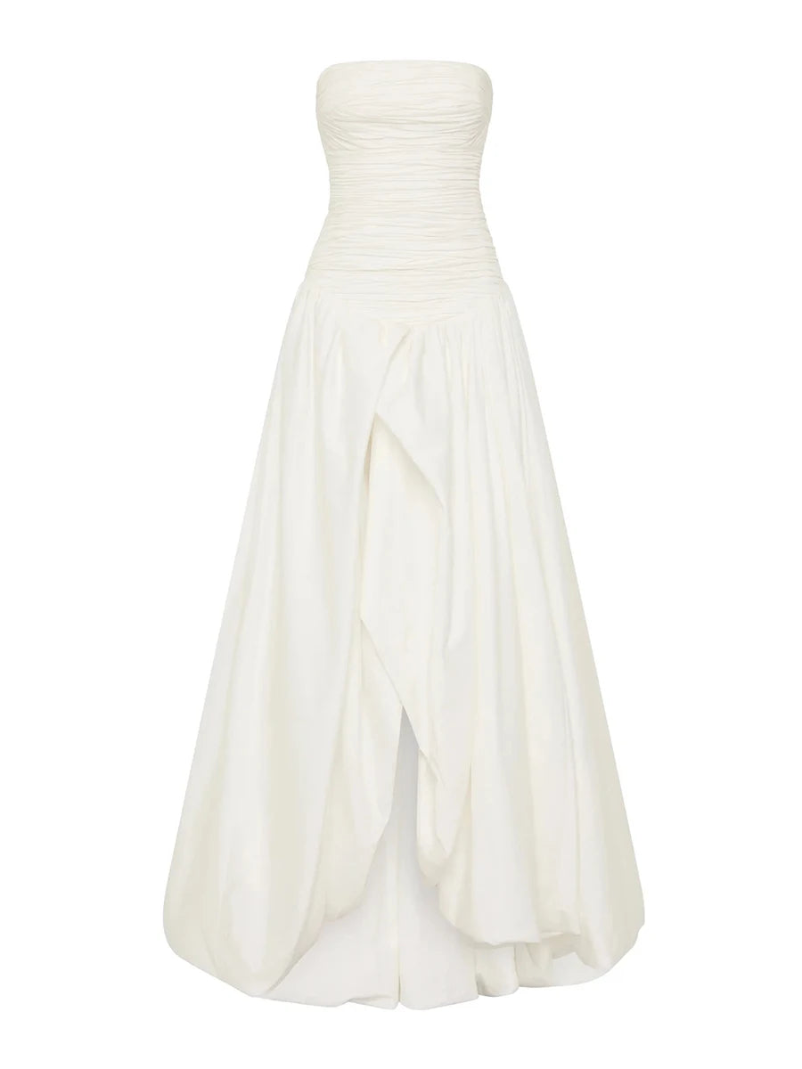 White strapless gown on a white background