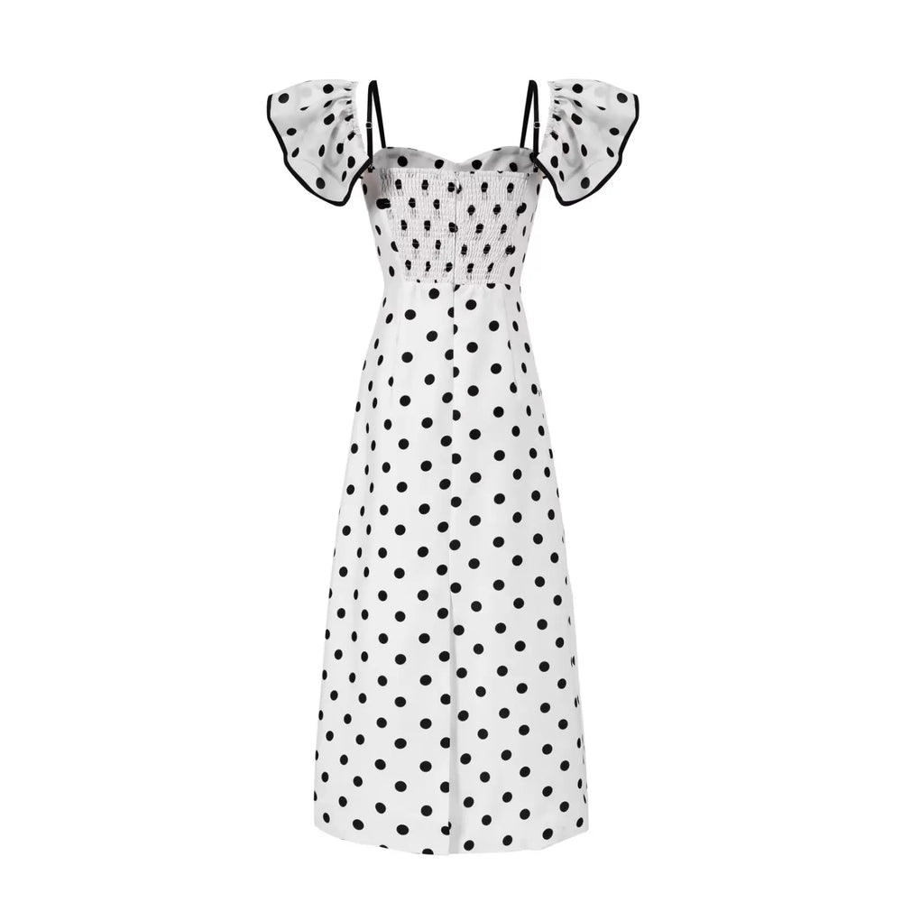 White polka dot off-shoulder midi dress from the front