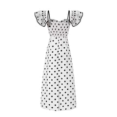 White polka dot off-shoulder midi dress from the front