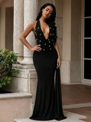 Halter neck embellished maxi dress detail