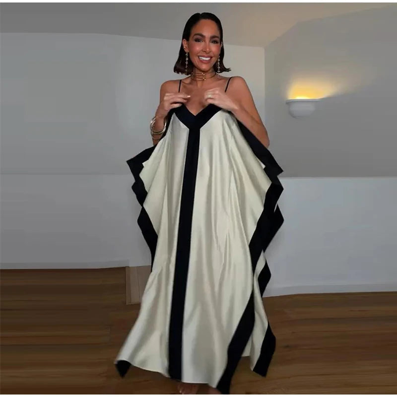 Flowy contrast trim V-neck maxi dress