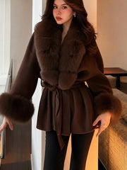 Brown faux fur trim belted jacket