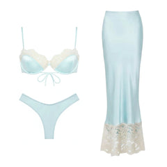 Light blue lace trim bikini top and matching high-waisted bikini bottom