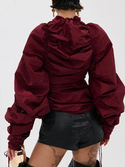 Red Ruched Drawstring Puff Sleeve Blouse