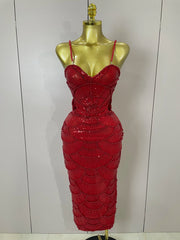 Red beaded sequins spaghetti strap dress