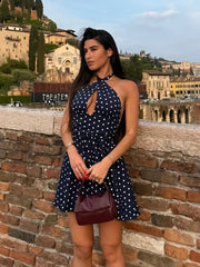 Polka dot halter neck cut-out mini dress