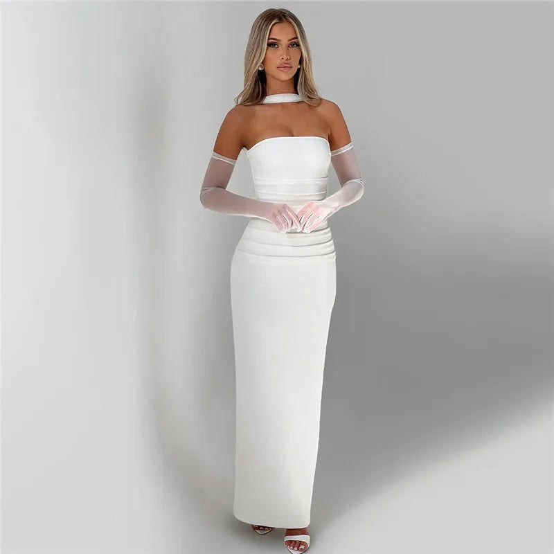 Women's off-shoulder dress with mesh sleeves.