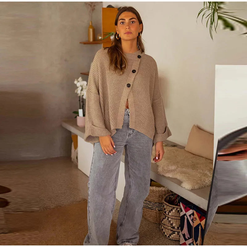 Asymmetric cross placket knit coat, relaxed fit