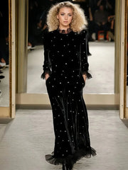 Black Velvet Crystal Ruffles A-Line Long Dress