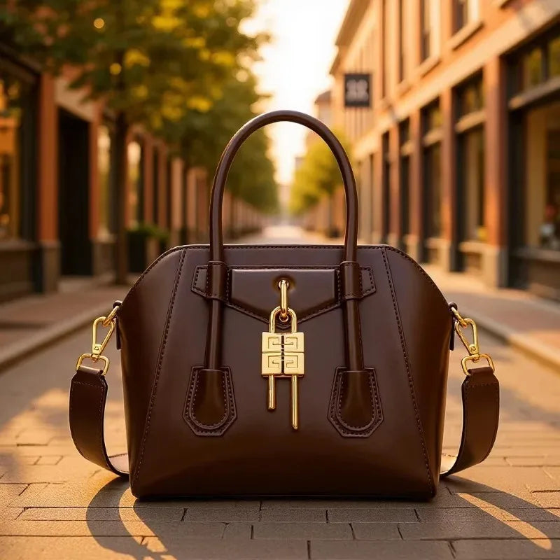 Brown leather structured lock bag on a street