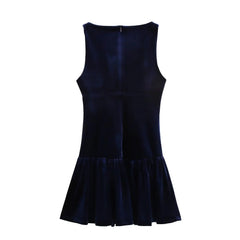  Round Neck Bow Velvet Blue Dress 