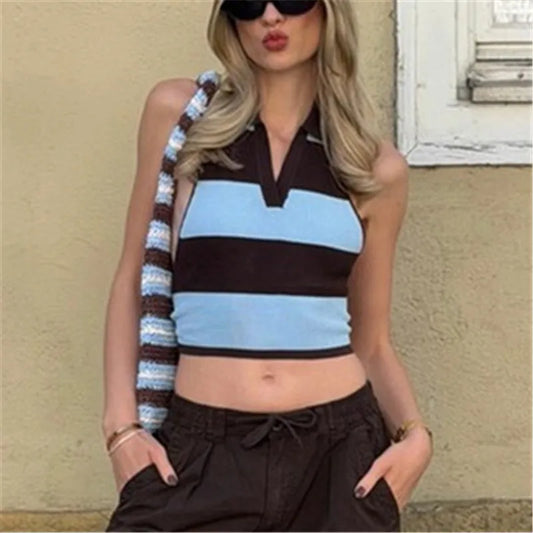 Striped knit halter crop top with v-neckline and waist tie detail