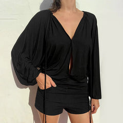 Tie Neck Slit Long Sleeve Blouse