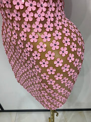 Pink Rhinestone Floral Applique Halter Neck Mini Dress