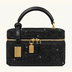 Black rhinestone vanity case bag with gold hardware