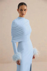 Draped Feather Cuff Maxi Dress