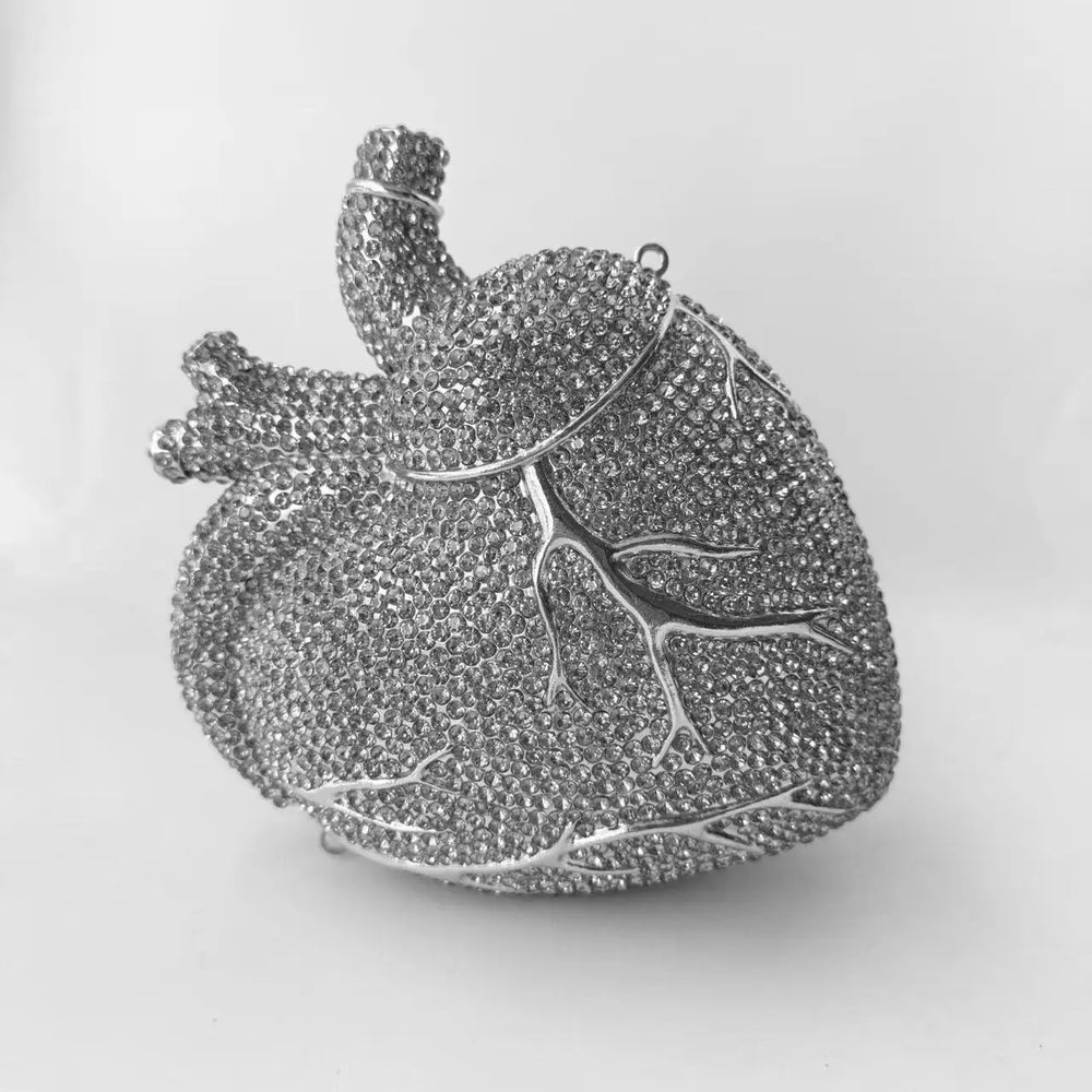 Silver crystal embellished heart shaped bag