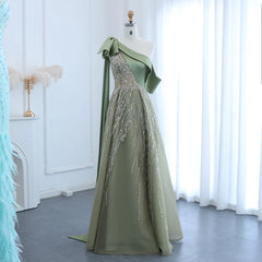 One Shoulder Olive Green Cape Sleeves Side Slit Gown